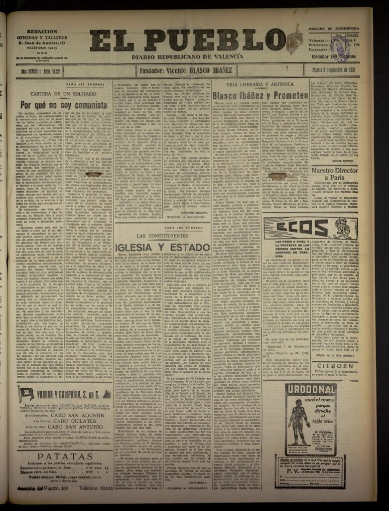 Miniatura de El Pueblo : Diario republicano de Valencia  del 8 de septiembre de 1931, nº 13.281