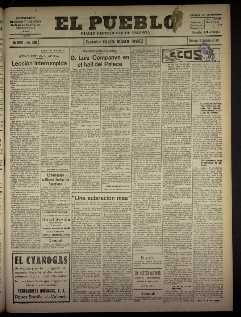 Miniatura de El Pueblo : Diario republicano de Valencia  del 9 de septiembre de 1931, nº 13.282