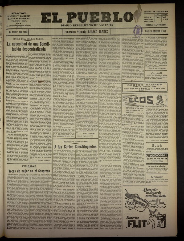 Miniatura de El Pueblo : Diario republicano de Valencia  del 10 de septiembre de 1931, nº 13.283