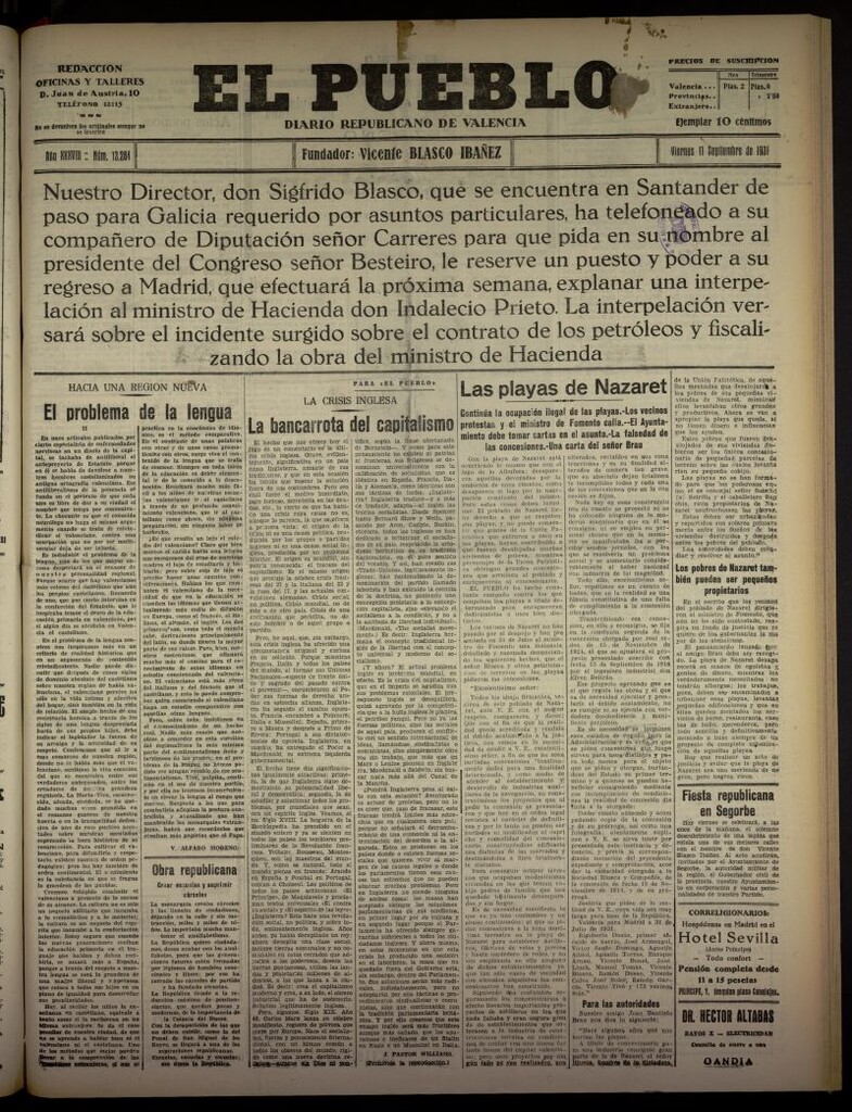 Miniatura de El Pueblo : Diario republicano de Valencia  del 11 de septiembre de 1931, nº 13.284