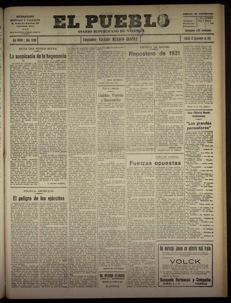 Miniatura de El Pueblo : Diario republicano de Valencia  del 12 de septiembre de 1931, nº 13.285