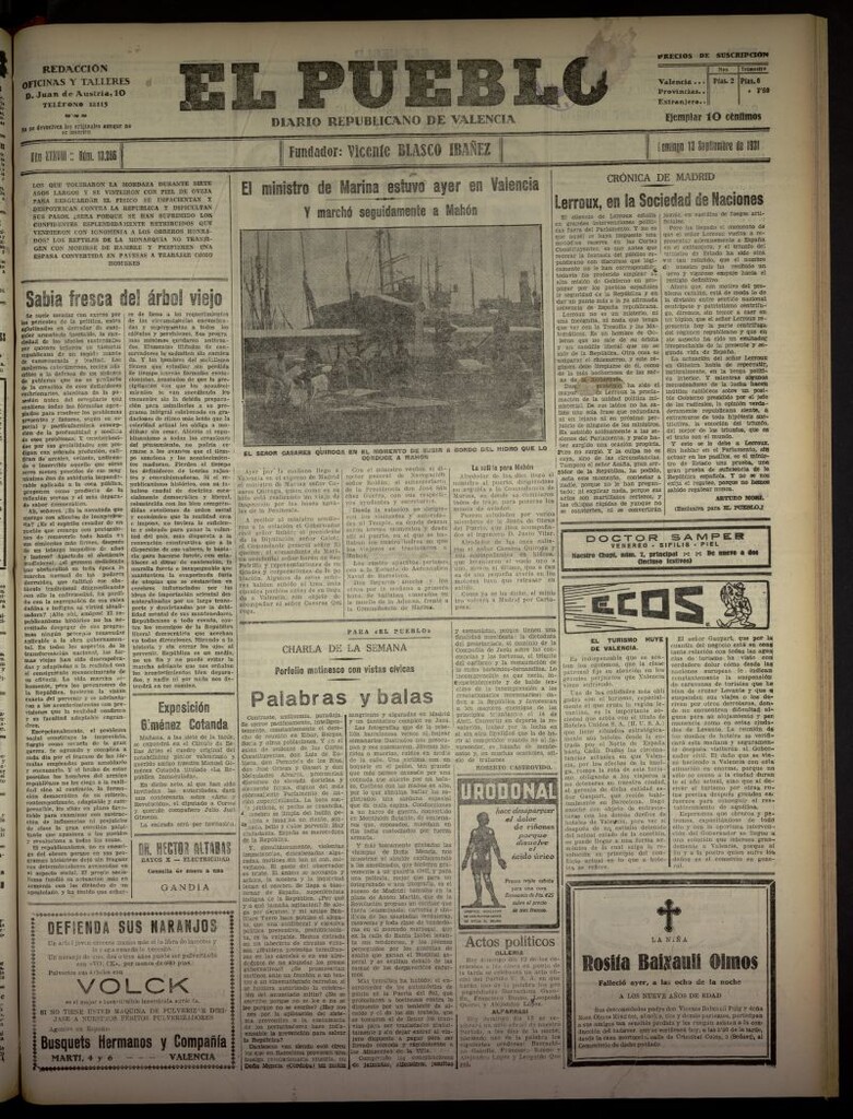 Miniatura de El Pueblo : Diario republicano de Valencia  del 13 de septiembre de 1931, nº 13.286