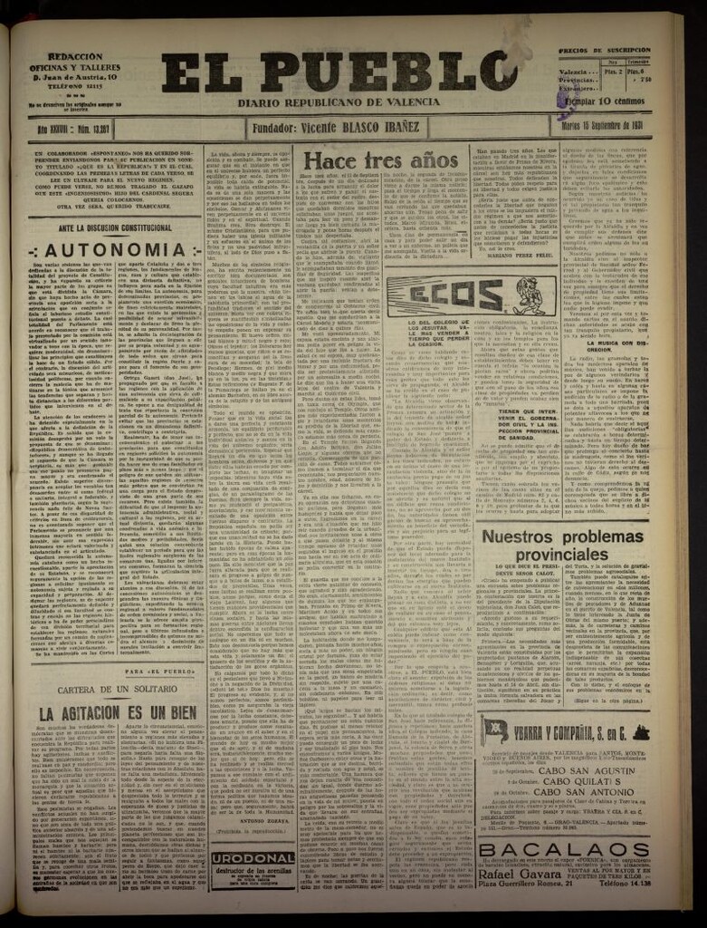 Miniatura de El Pueblo : Diario republicano de Valencia  del 15 de septiembre de 1931, nº 13.287