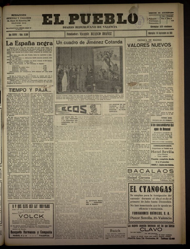 Miniatura de El Pueblo : Diario republicano de Valencia  del 16 de septiembre de 1931, nº 13.288