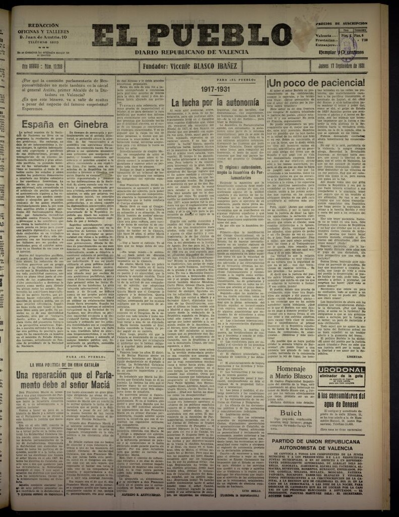 Miniatura de El Pueblo : Diario republicano de Valencia  del 17 de septiembre de 1931, nº 13.289