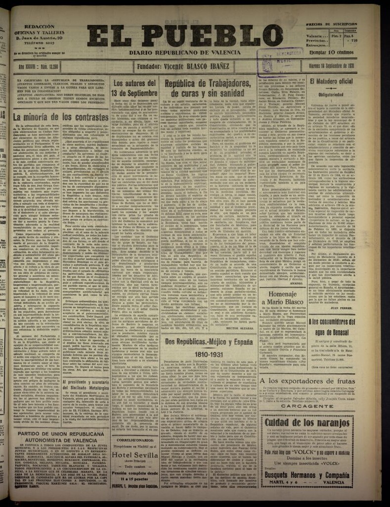 Miniatura de El Pueblo : Diario republicano de Valencia  del 18 de septiembre de 1931, nº 13.290
