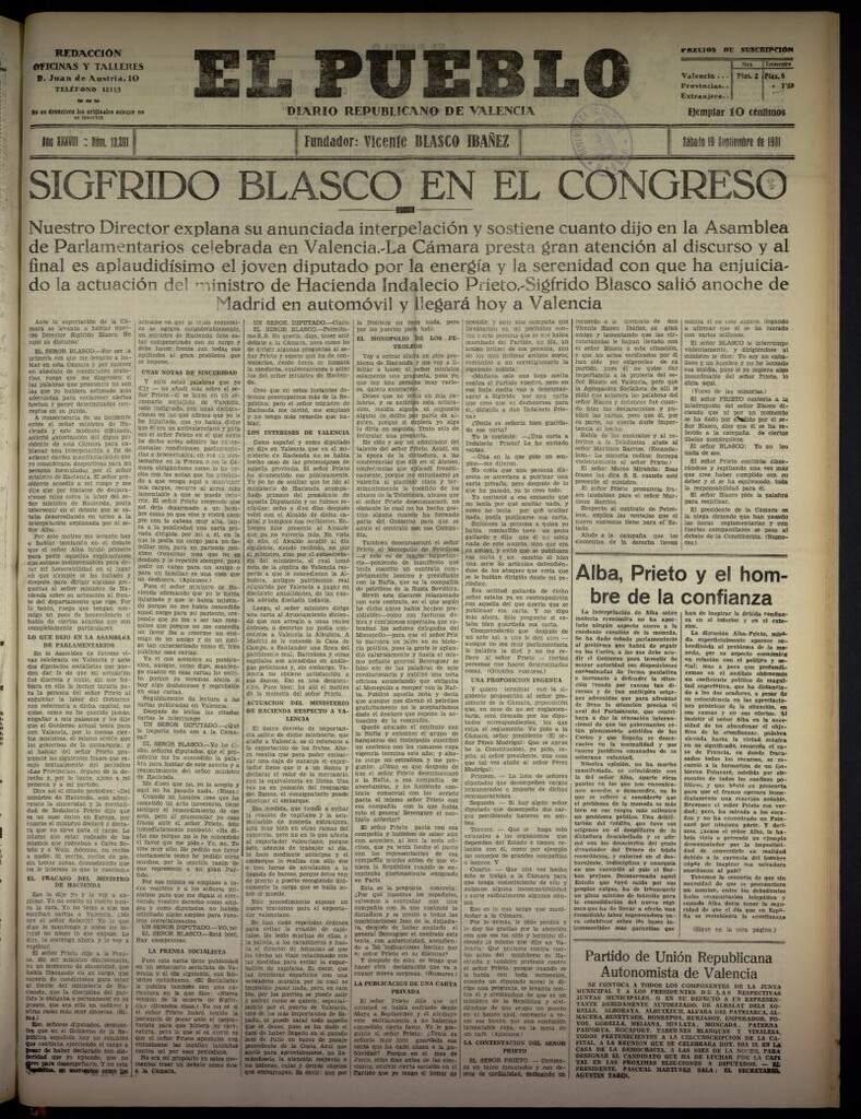 Miniatura de El Pueblo : Diario republicano de Valencia  del 19 de septiembre de 1931, nº 13.291