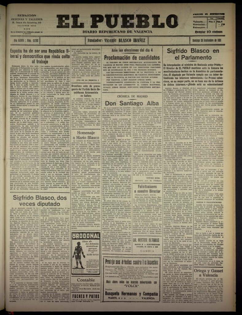 Miniatura de El Pueblo : Diario republicano de Valencia  del 20 de septiembre de 1931, nº 13.292