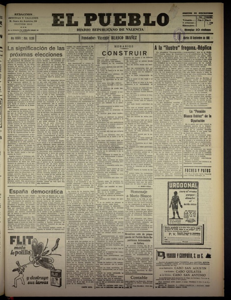 Miniatura de El Pueblo : Diario republicano de Valencia  del 22 de septiembre de 1931, nº 13.293