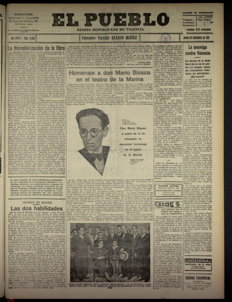 Miniatura de El Pueblo : Diario republicano de Valencia  del 24 de septiembre de 1931, nº 13.295