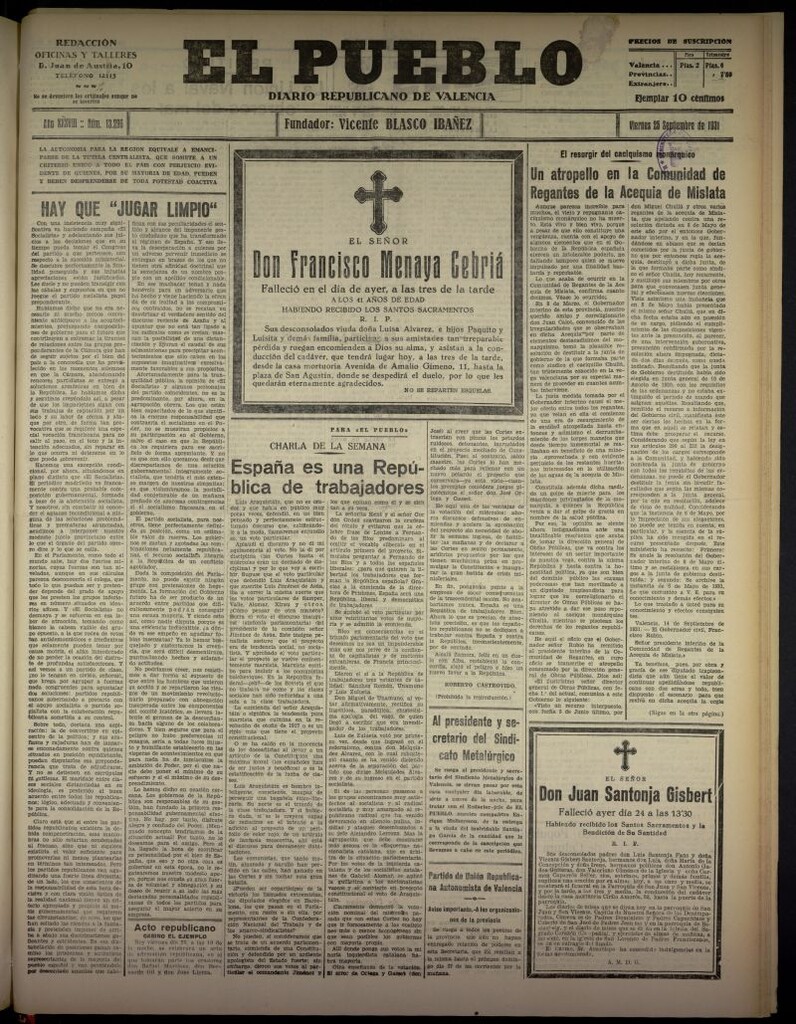 Miniatura de El Pueblo : Diario republicano de Valencia  del 25 de septiembre de 1931, nº 13.296