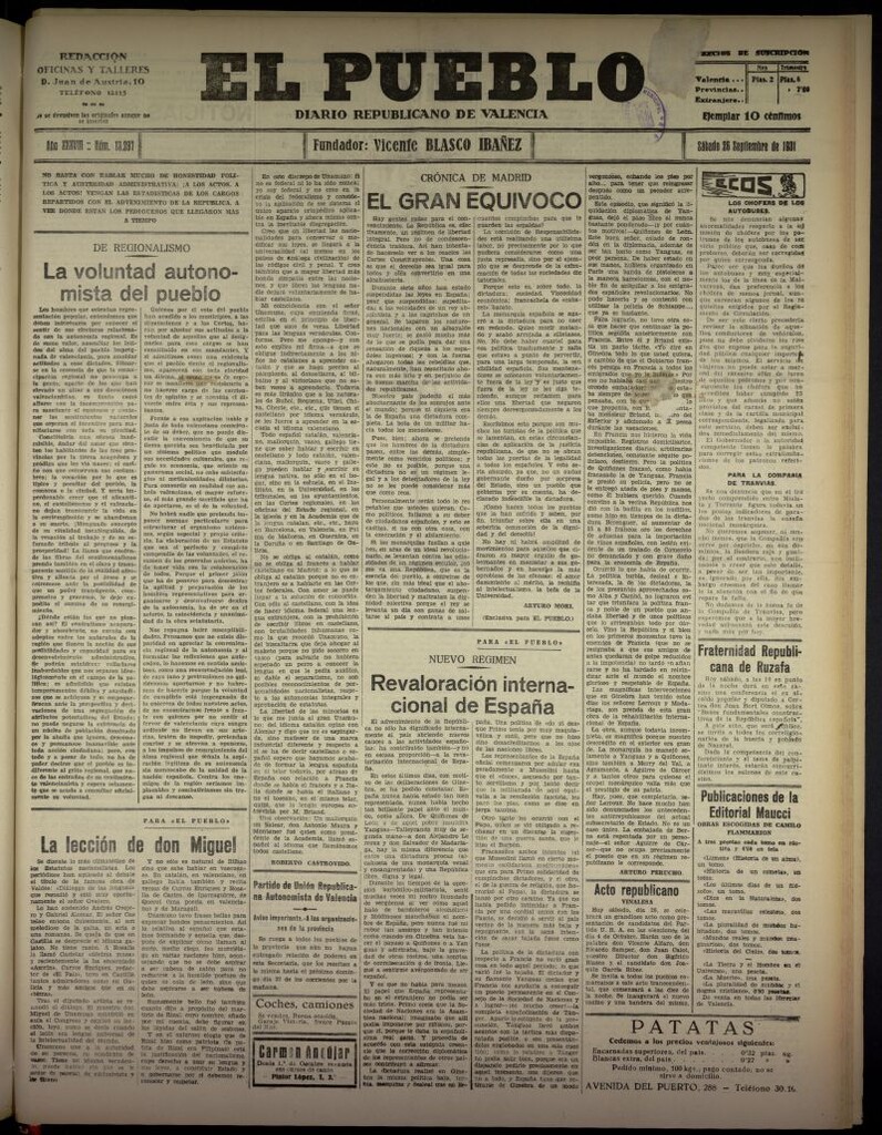 Miniatura de El Pueblo : Diario republicano de Valencia  del 26 de septiembre de 1931, nº 13.297