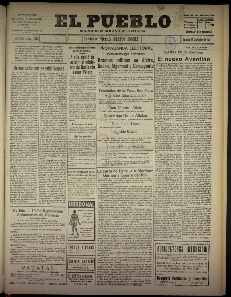 Miniatura de El Pueblo : Diario republicano de Valencia  del 27 de septiembre de 1931, nº 13.298