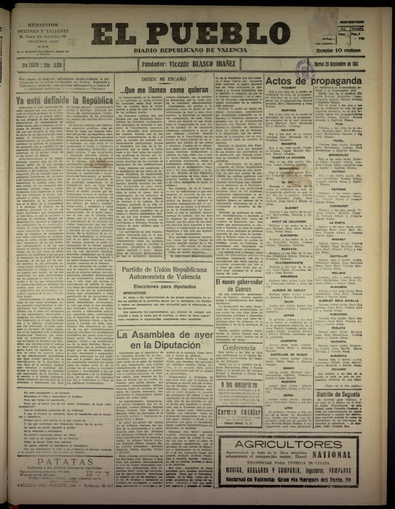 Miniatura de El Pueblo : Diario republicano de Valencia  del 29 de septiembre de 1931, nº 13.299