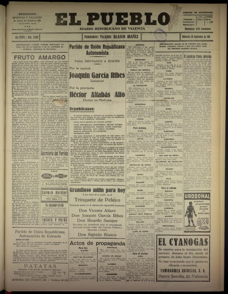 Miniatura de El Pueblo : Diario republicano de Valencia  del 30 de septiembre de 1931, nº 13.300