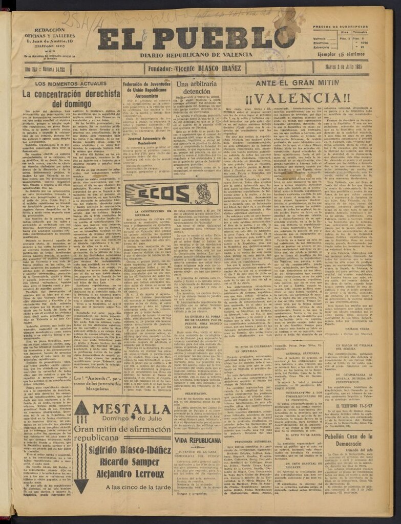 Miniatura de El Pueblo : Diario republicano de Valencia del 2 de julio de 1935, nº 14.722