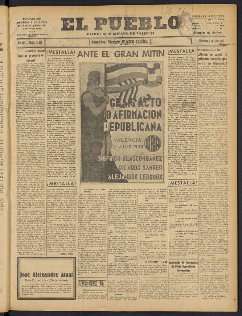 Miniatura de El Pueblo : Diario republicano de Valencia del 3 de julio de 1935, nº 14.723