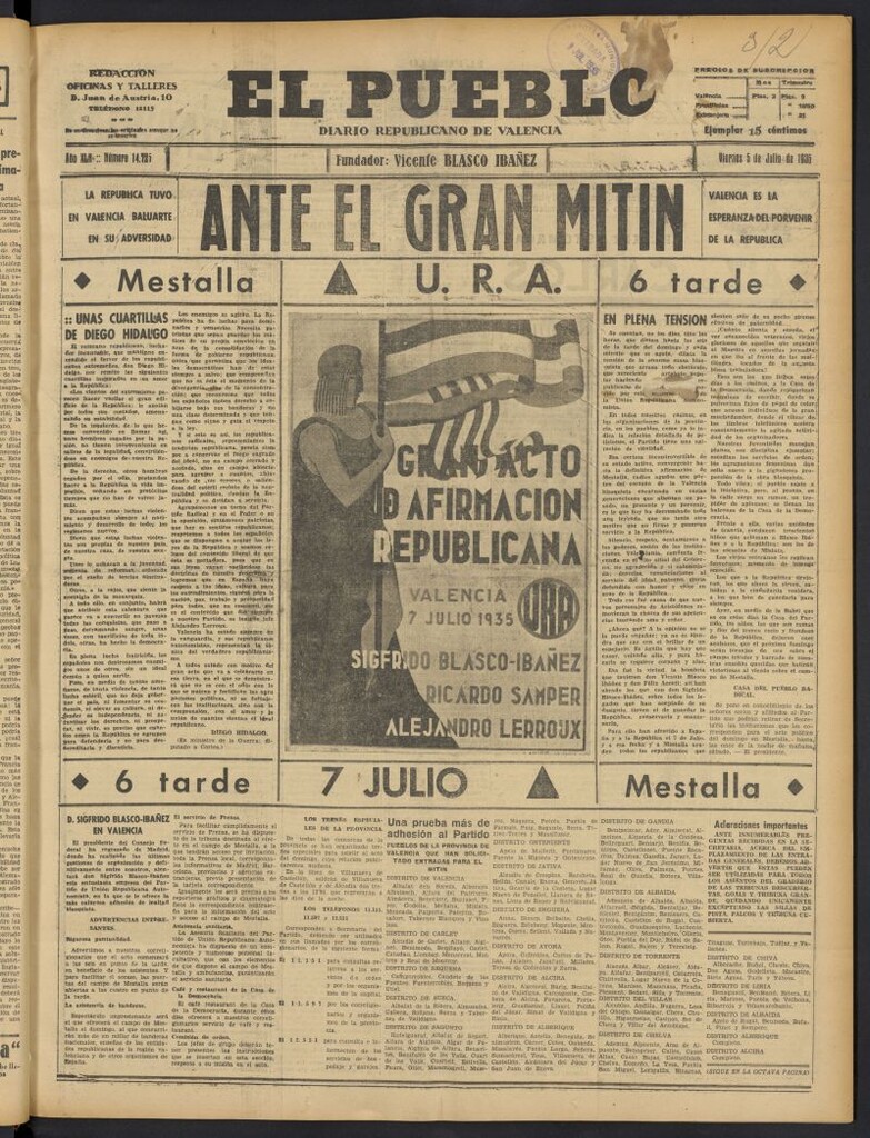 Miniatura de El Pueblo : Diario republicano de Valencia del 5 de julio de 1935, nº 14.725