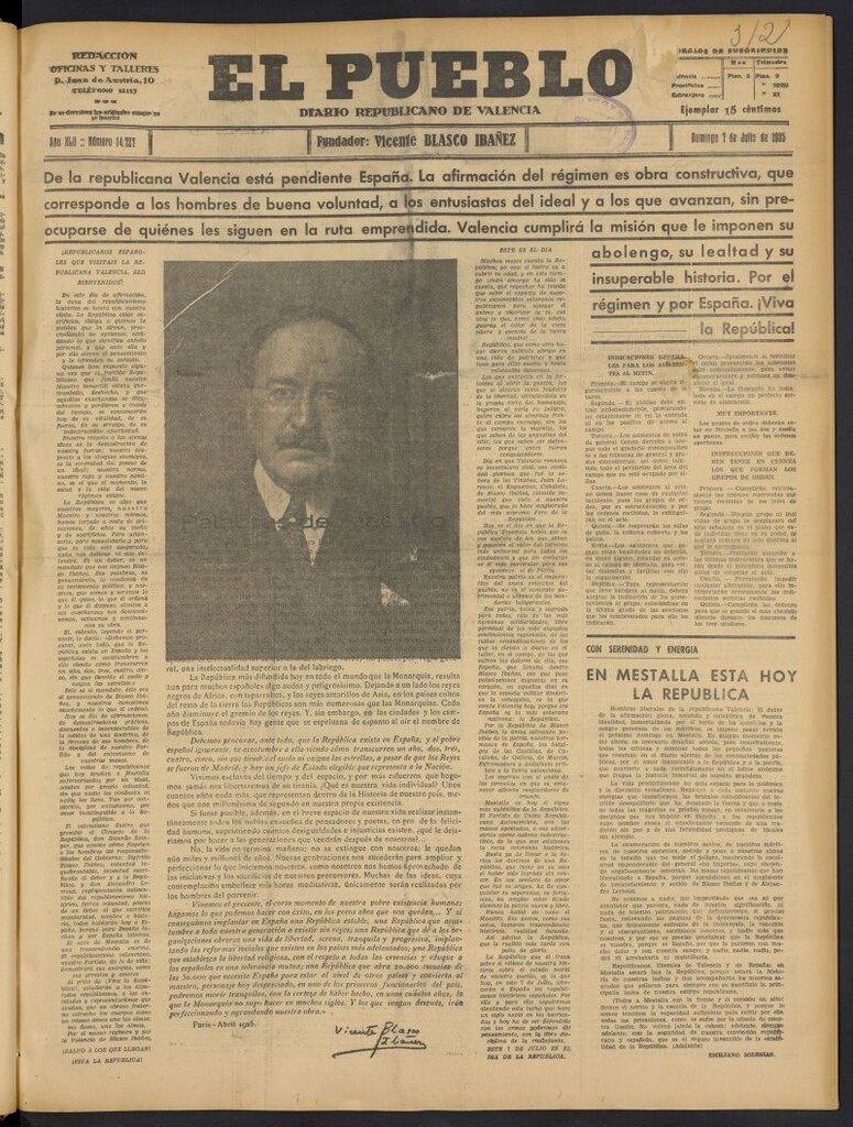 Miniatura de El Pueblo : Diario republicano de Valencia del 7 de julio de 1935, nº 14.727