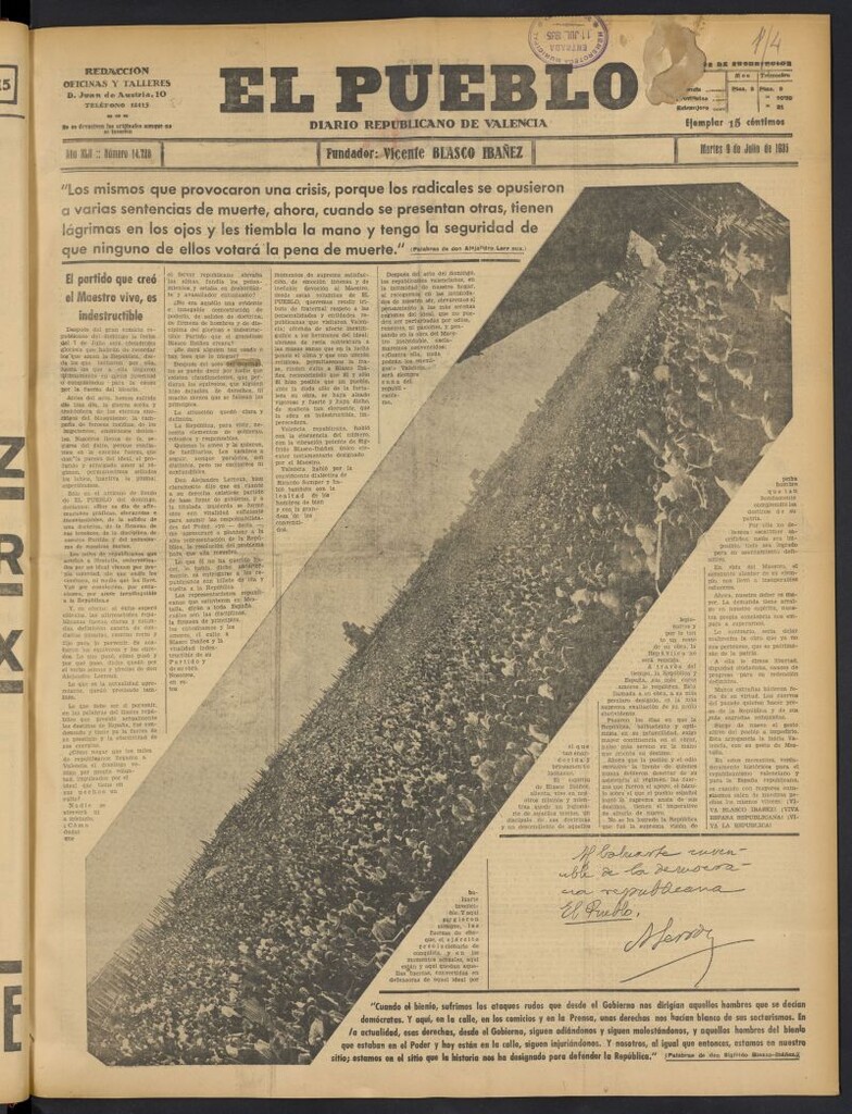Miniatura de El Pueblo : Diario republicano de Valencia del 9 de julio de 1935, nº 14.728