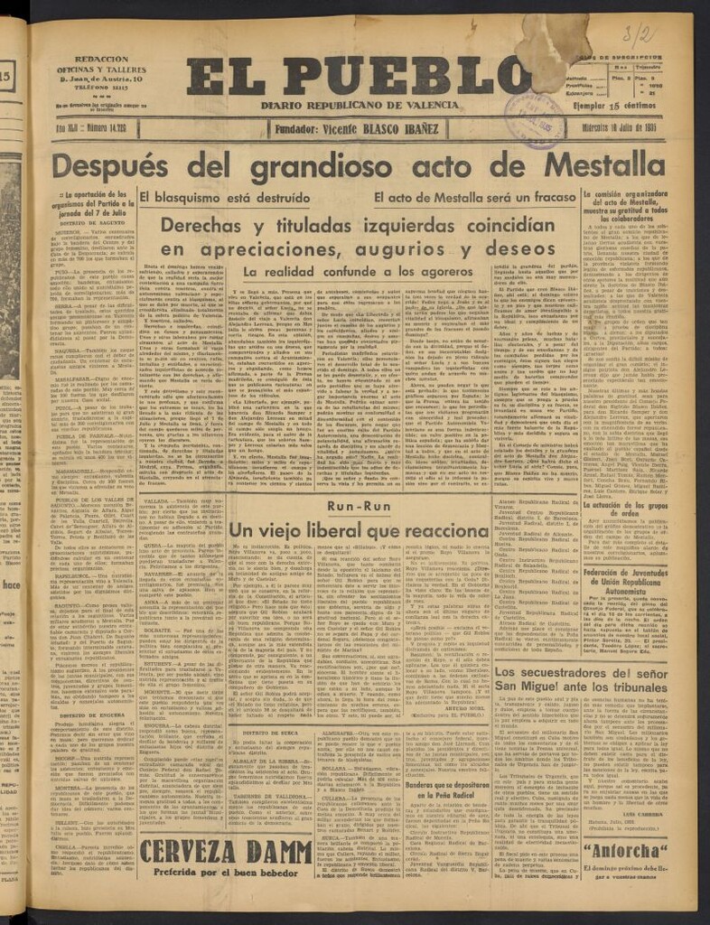 Miniatura de El Pueblo : Diario republicano de Valencia del 10 de julio de 1935, nº 14.729