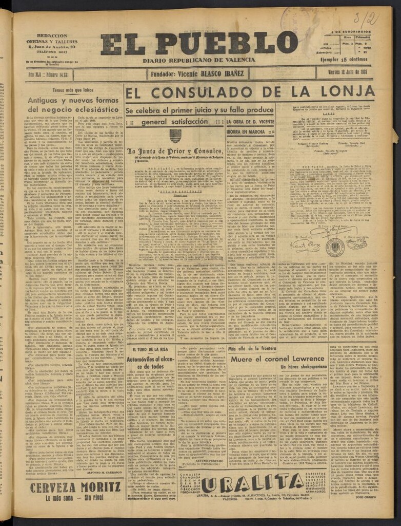 Miniatura de El Pueblo : Diario republicano de Valencia del 12 de julio de 1935, nº 14.731