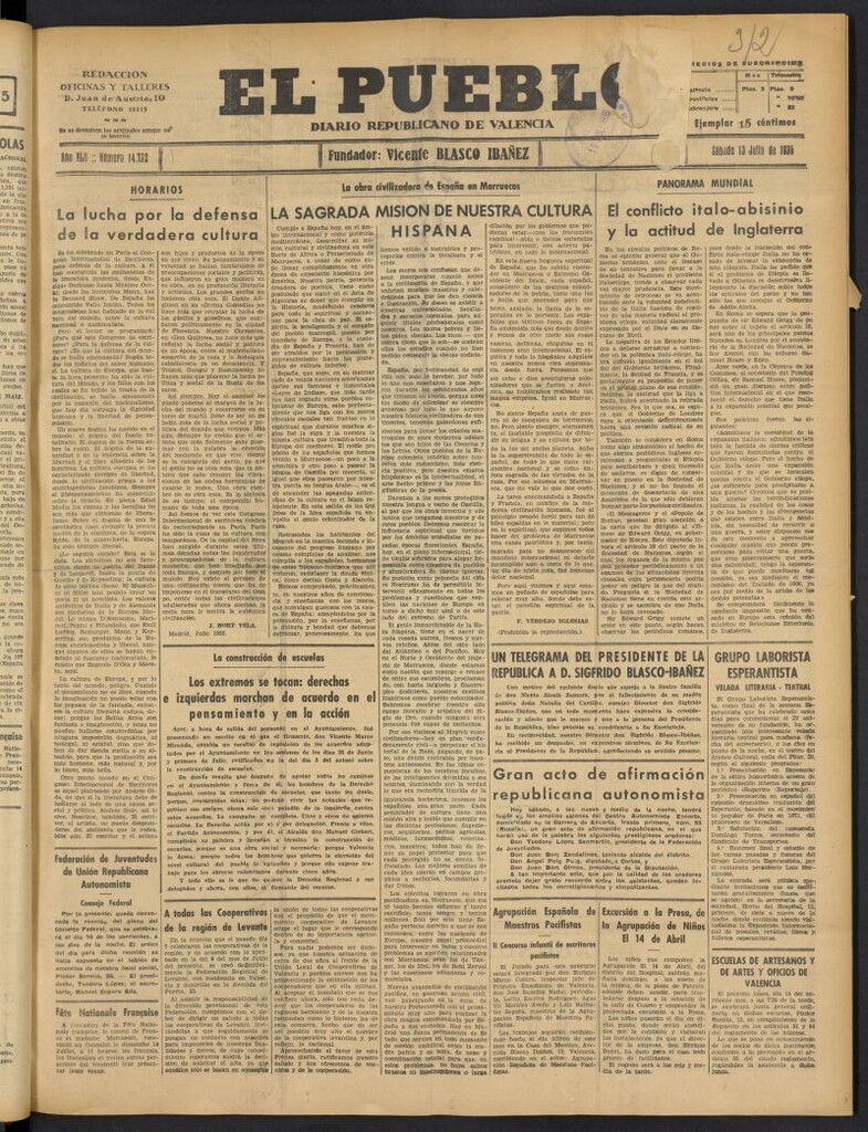 Miniatura de El Pueblo : Diario republicano de Valencia del 13 de julio de 1935, nº 14.732
