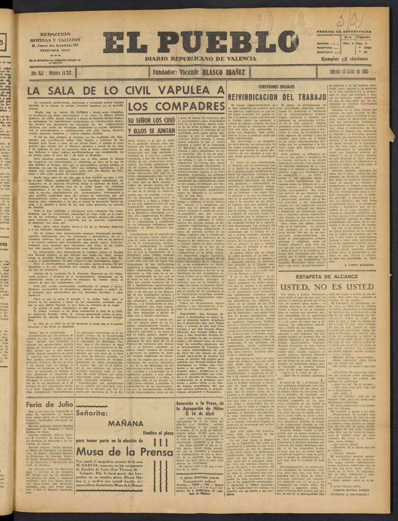Miniatura de El Pueblo : Diario republicano de Valencia del 13 [sic] de julio de 1935, nº 14.732 [sic]
