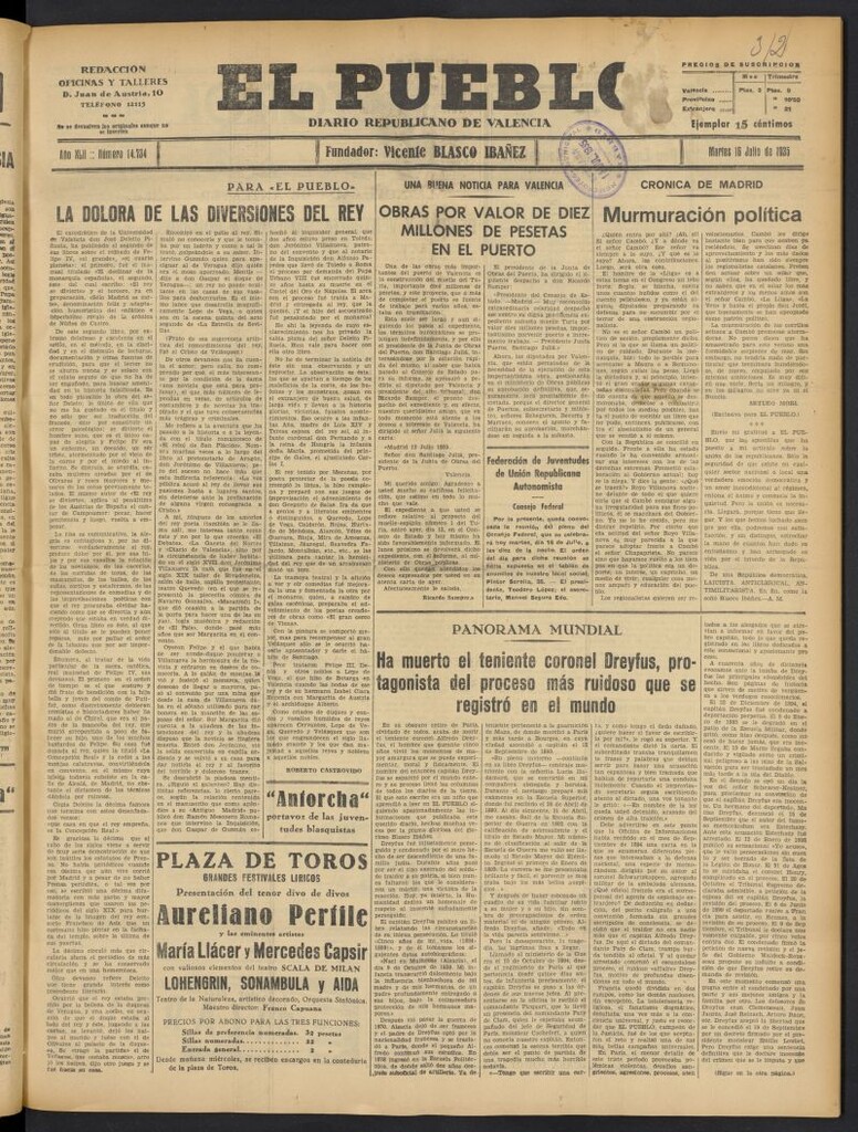 Miniatura de El Pueblo : Diario republicano de Valencia del 16 de julio de 1935, nº 14.734
