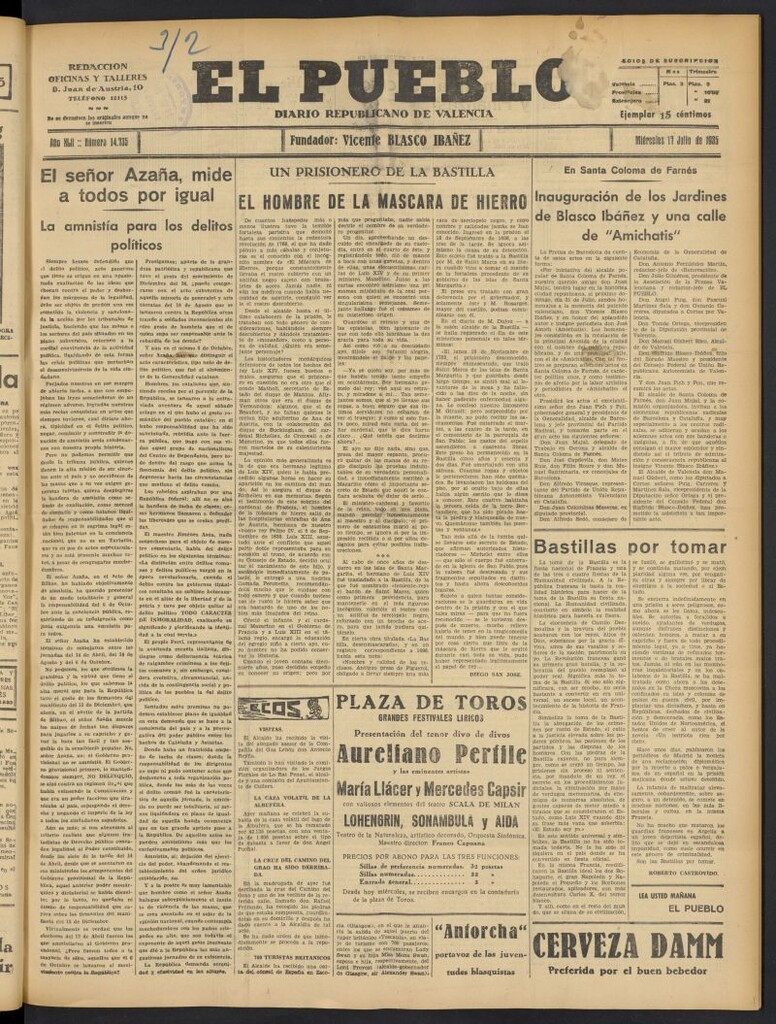 Miniatura de El Pueblo : Diario republicano de Valencia del 17 de julio de 1935, nº 14.735