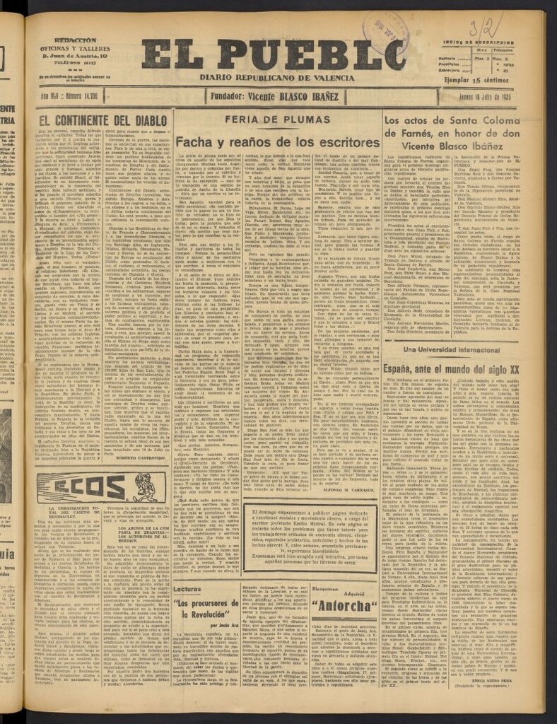 Miniatura de El Pueblo : Diario republicano de Valencia del 18 de julio de 1935, nº 14.736