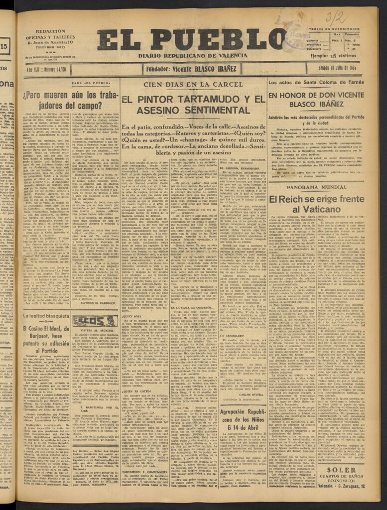 Miniatura de El Pueblo : Diario republicano de Valencia del 20 de julio de 1935, nº 14.738