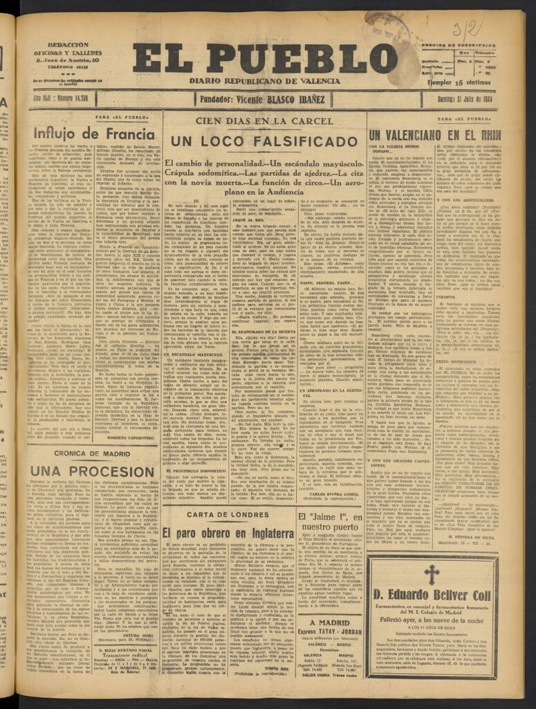 Miniatura de El Pueblo : Diario republicano de Valencia del 21 de julio de 1935, nº 14.739