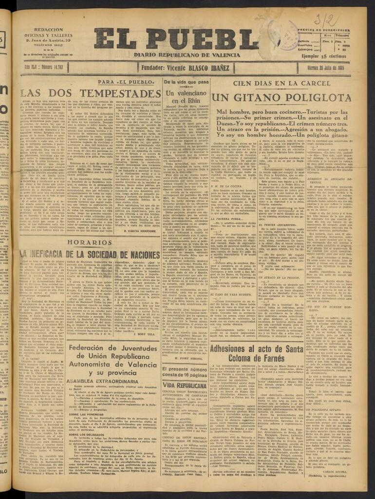 Miniatura de El Pueblo : Diario republicano de Valencia del 26 de julio de 1935, nº 14.743