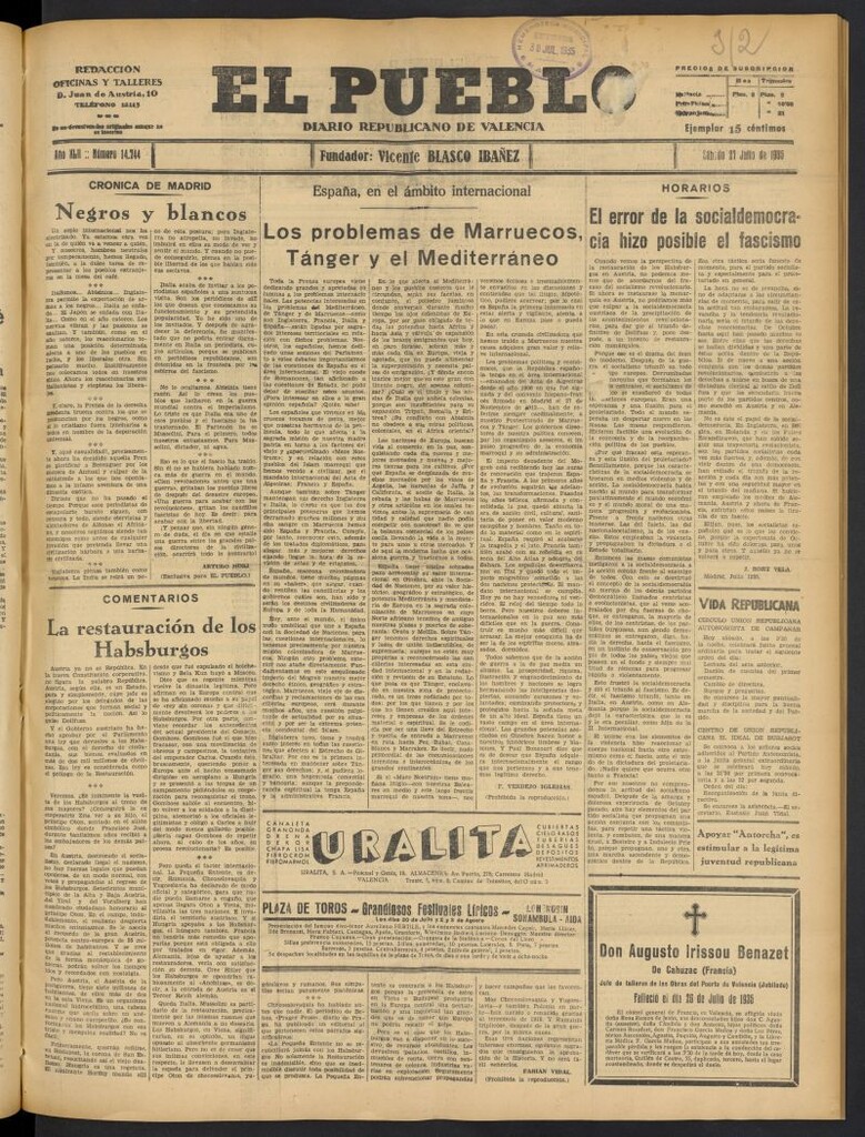 Miniatura de El Pueblo : Diario republicano de Valencia del 27 de julio de 1935, nº 14.744