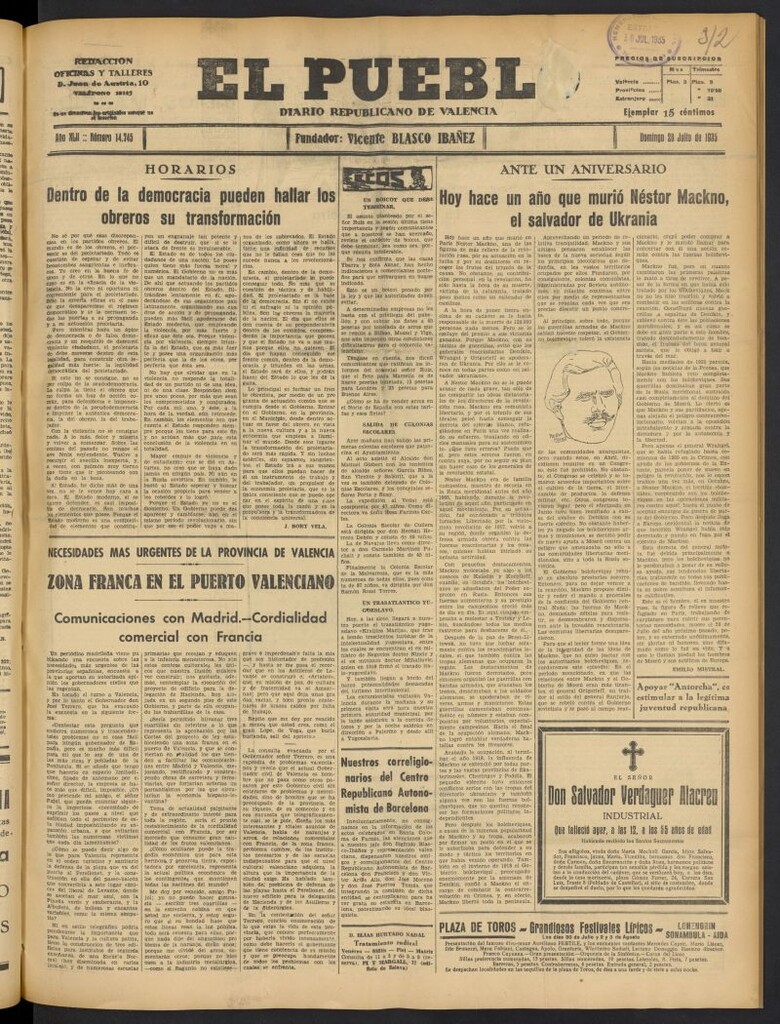Miniatura de El Pueblo : Diario republicano de Valencia del 28 de julio de 1935, nº 14.745