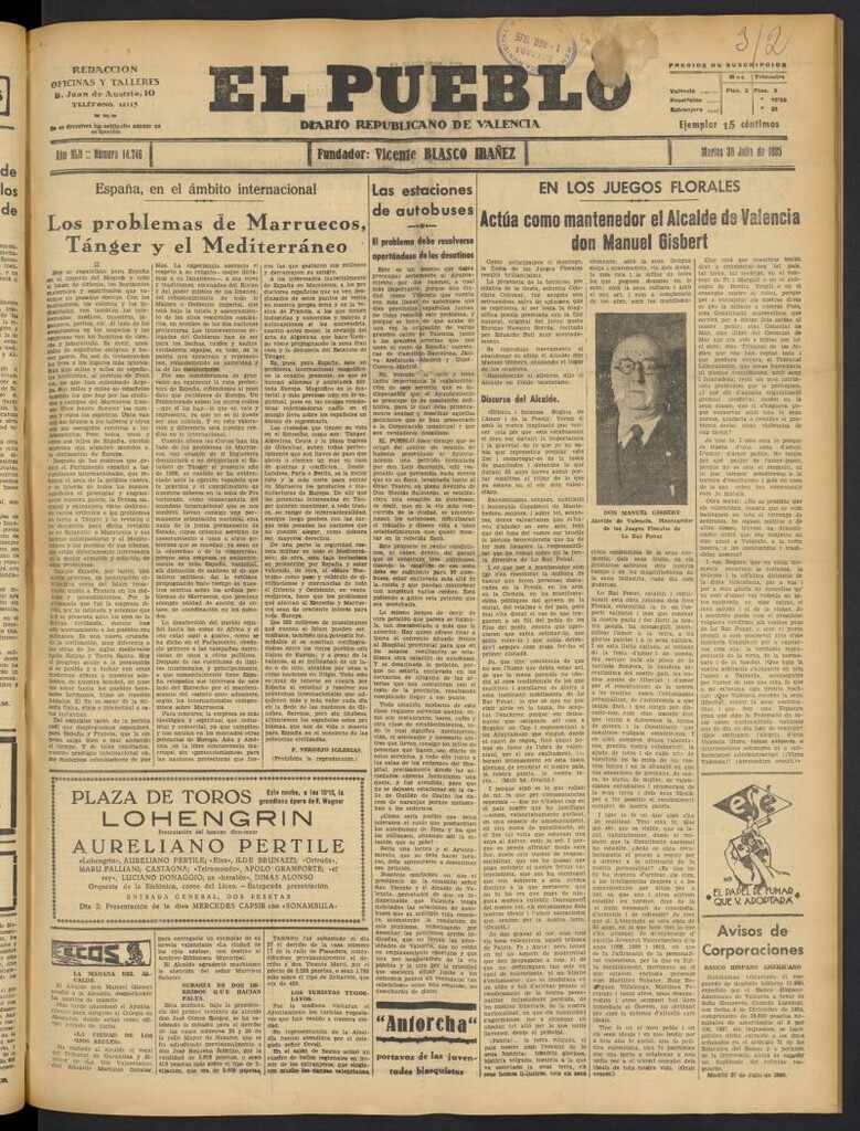 Miniatura de El Pueblo : Diario republicano de Valencia del 30 de julio de 1935, nº 14.746
