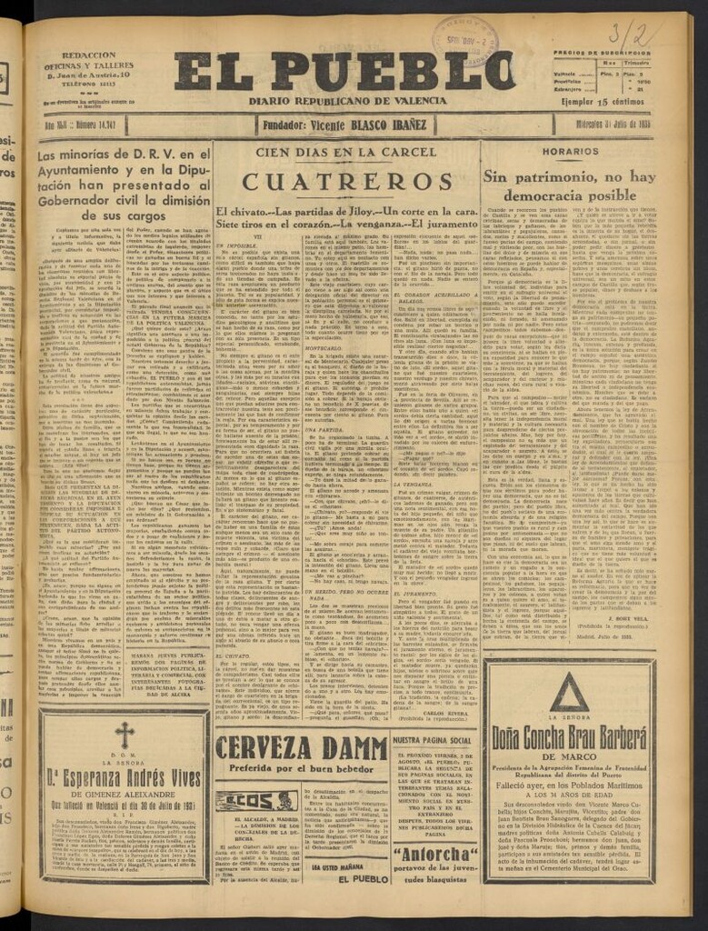 Miniatura de El Pueblo : Diario republicano de Valencia del 31 de julio de 1935, nº 14.747