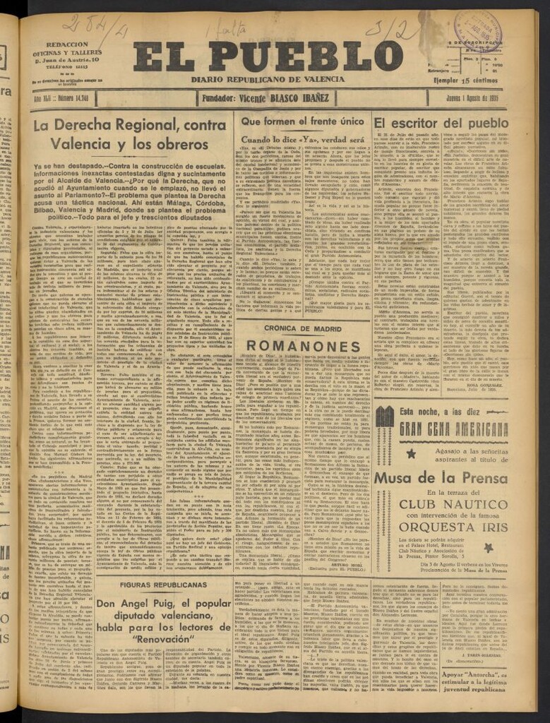Miniatura de El Pueblo : Diario republicano de Valencia del 1 de agosto de 1935, nº 14.748