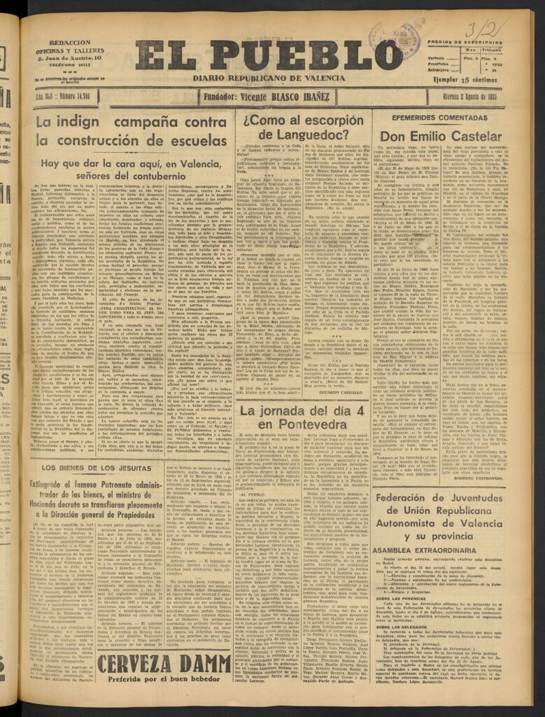 Miniatura de El Pueblo : Diario republicano de Valencia del 2 de agosto de 1935, nº 14.749