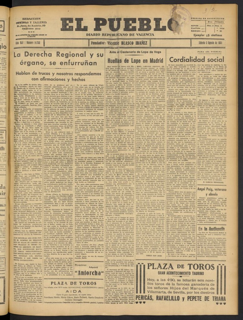 Miniatura de El Pueblo : Diario republicano de Valencia del 3 de agosto de 1935, nº 14.750