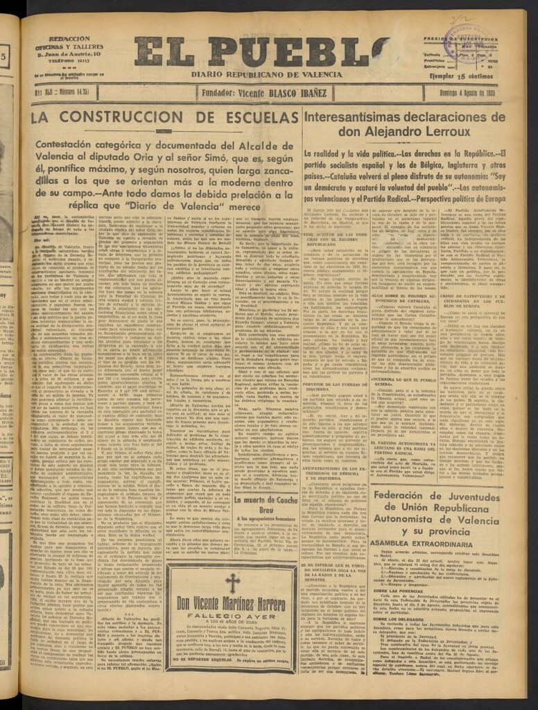 Miniatura de El Pueblo : Diario republicano de Valencia del 4 de agosto de 1935, nº 14.751