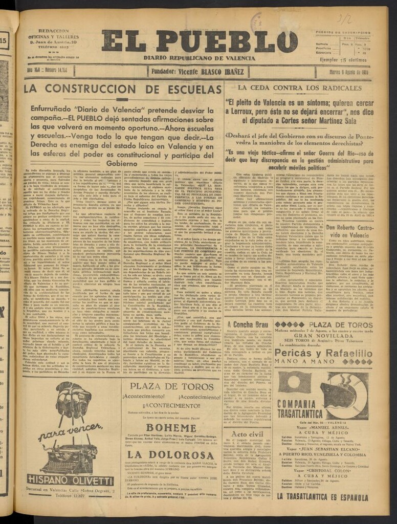 Miniatura de El Pueblo : Diario republicano de Valencia del 6 de agosto de 1935, nº 14.752