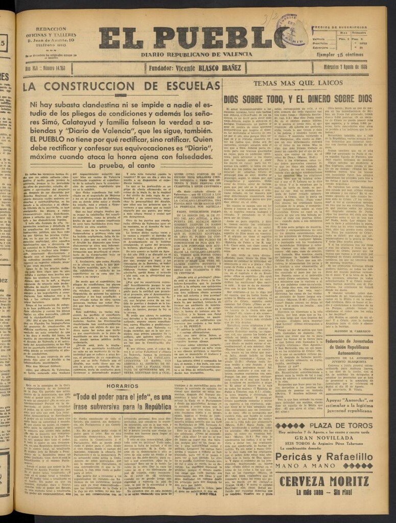 Miniatura de El Pueblo : Diario republicano de Valencia del 7 de agosto de 1935, nº 14.753