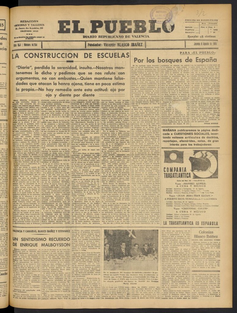 Miniatura de El Pueblo : Diario republicano de Valencia del 8 de agosto de 1935, nº 14.754