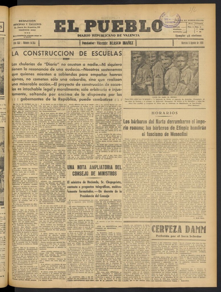 Miniatura de El Pueblo : Diario republicano de Valencia del 9 de agosto de 1935, nº 14.755
