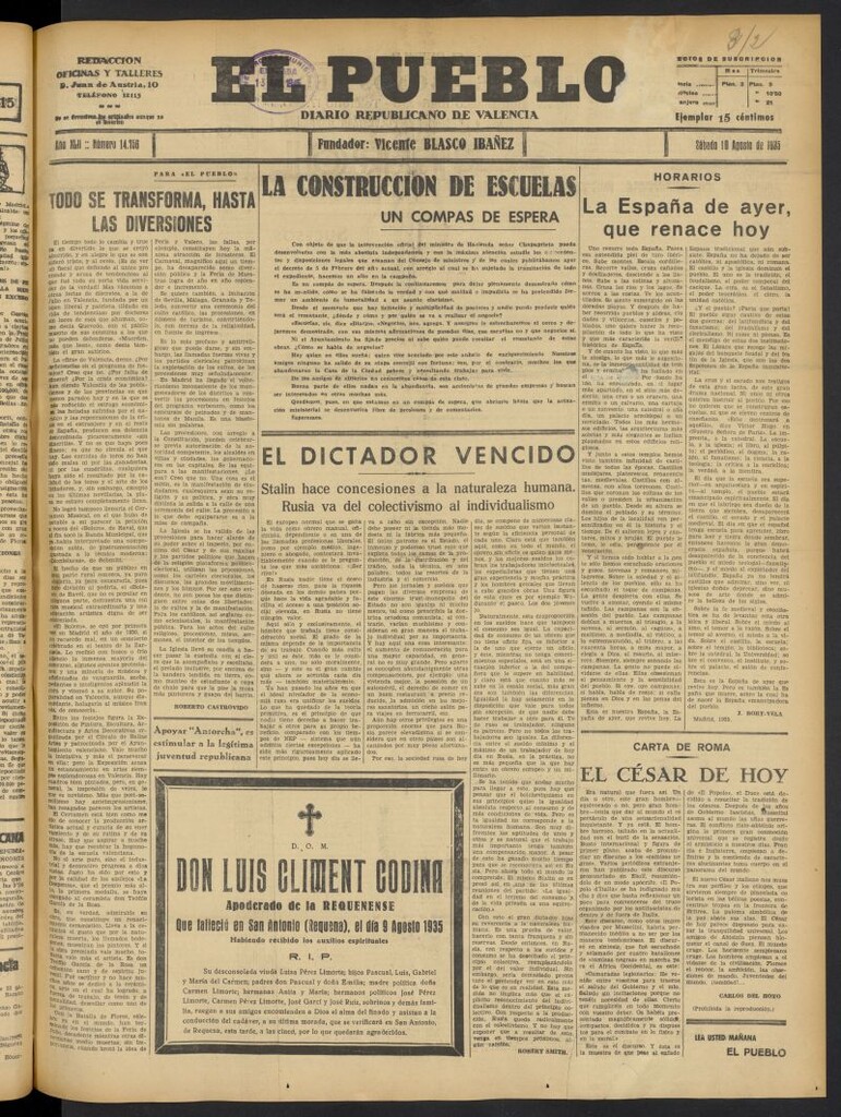 Miniatura de El Pueblo : Diario republicano de Valencia del 10 de agosto de 1935, nº 14.756
