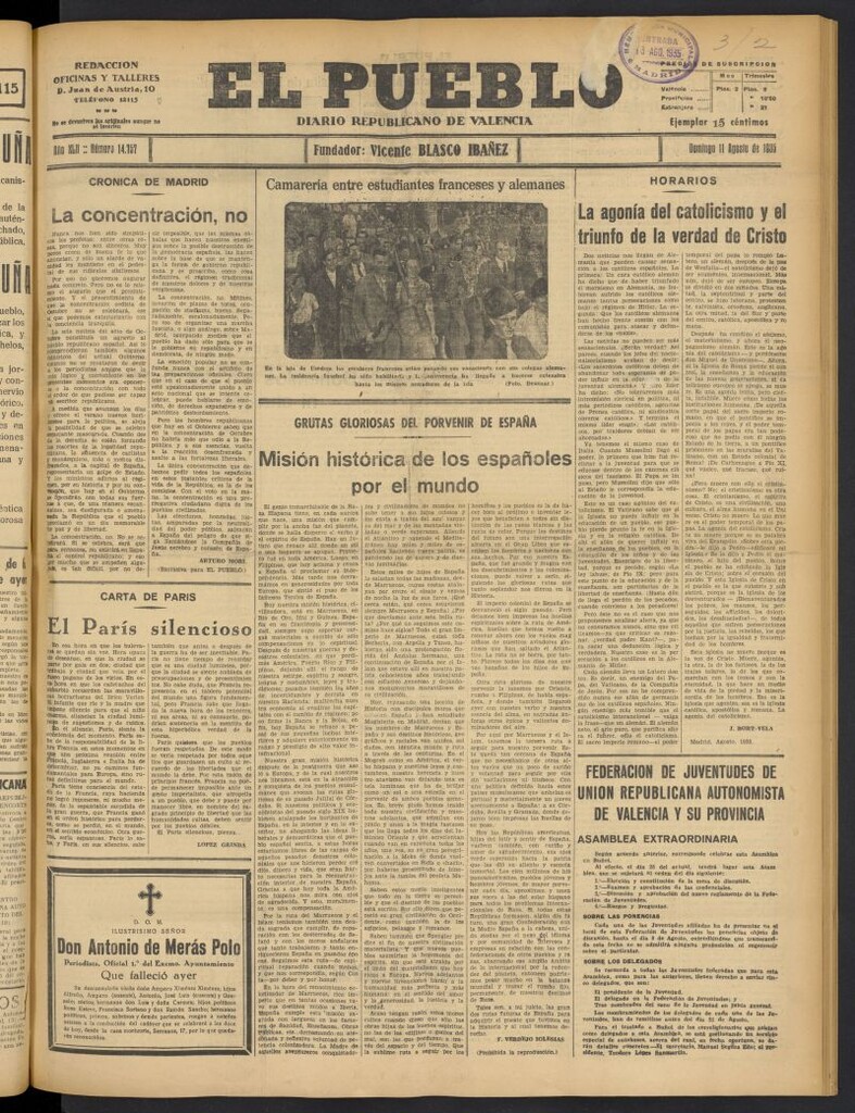 Miniatura de El Pueblo : Diario republicano de Valencia del 11 de agosto de 1935, nº 14.757