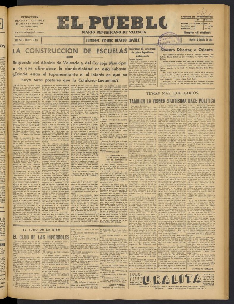 Miniatura de El Pueblo : Diario republicano de Valencia del 13 de agosto de 1935, nº 14.758