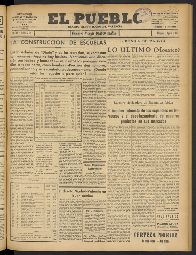 Miniatura de El Pueblo : Diario republicano de Valencia del 14 de agosto de 1935, nº 14.759
